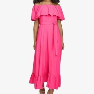 Calvin‎ Klein. Off-The-Shoulder Flounce Maxi Dress.